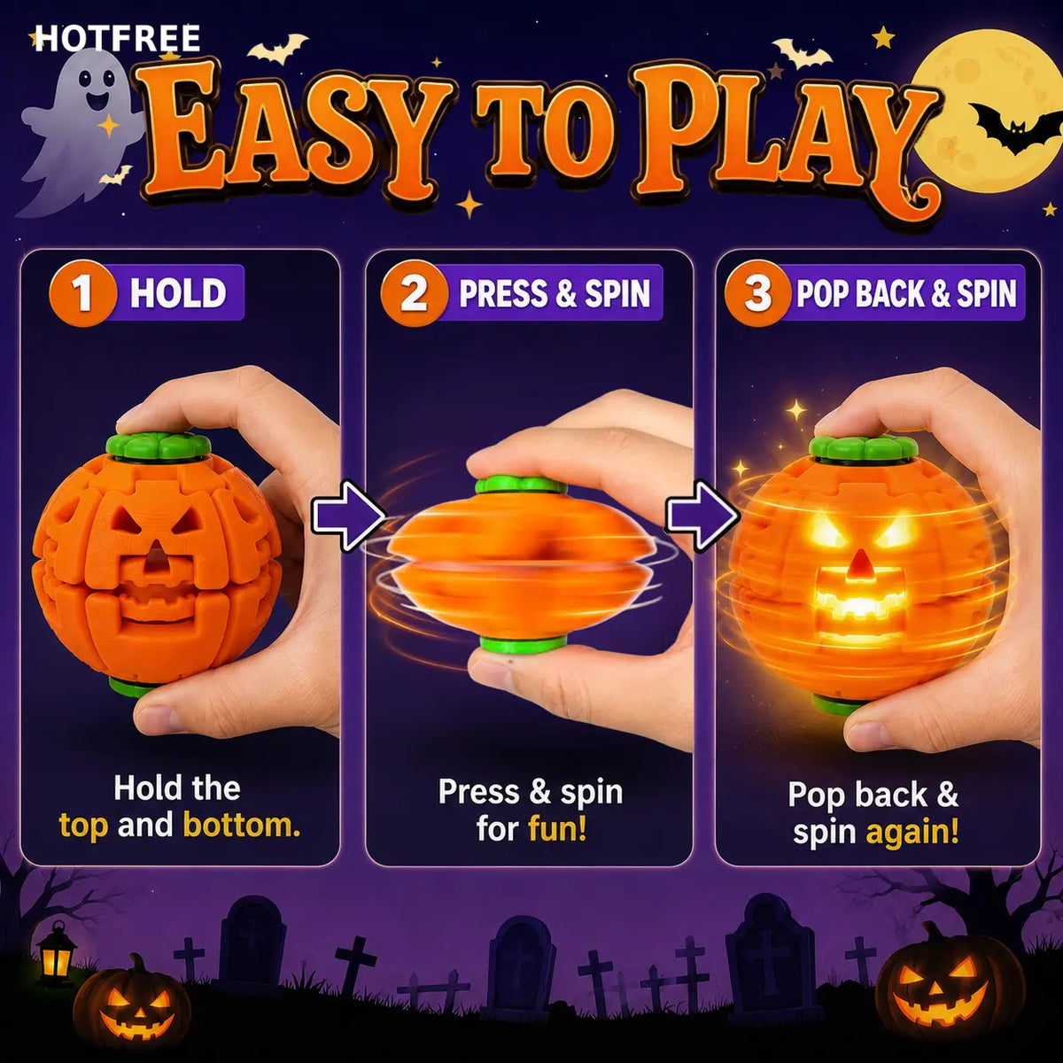 Hotfree Halloween Pumpkin Fidget Spinner, LED Light‑Up 2‑In‑1 3D Printed Rotating Fidget Ball, Stress Relief Sensory Puzzle Toy, Halloween Party Favors & Gifts for Kids Boys & Girls
