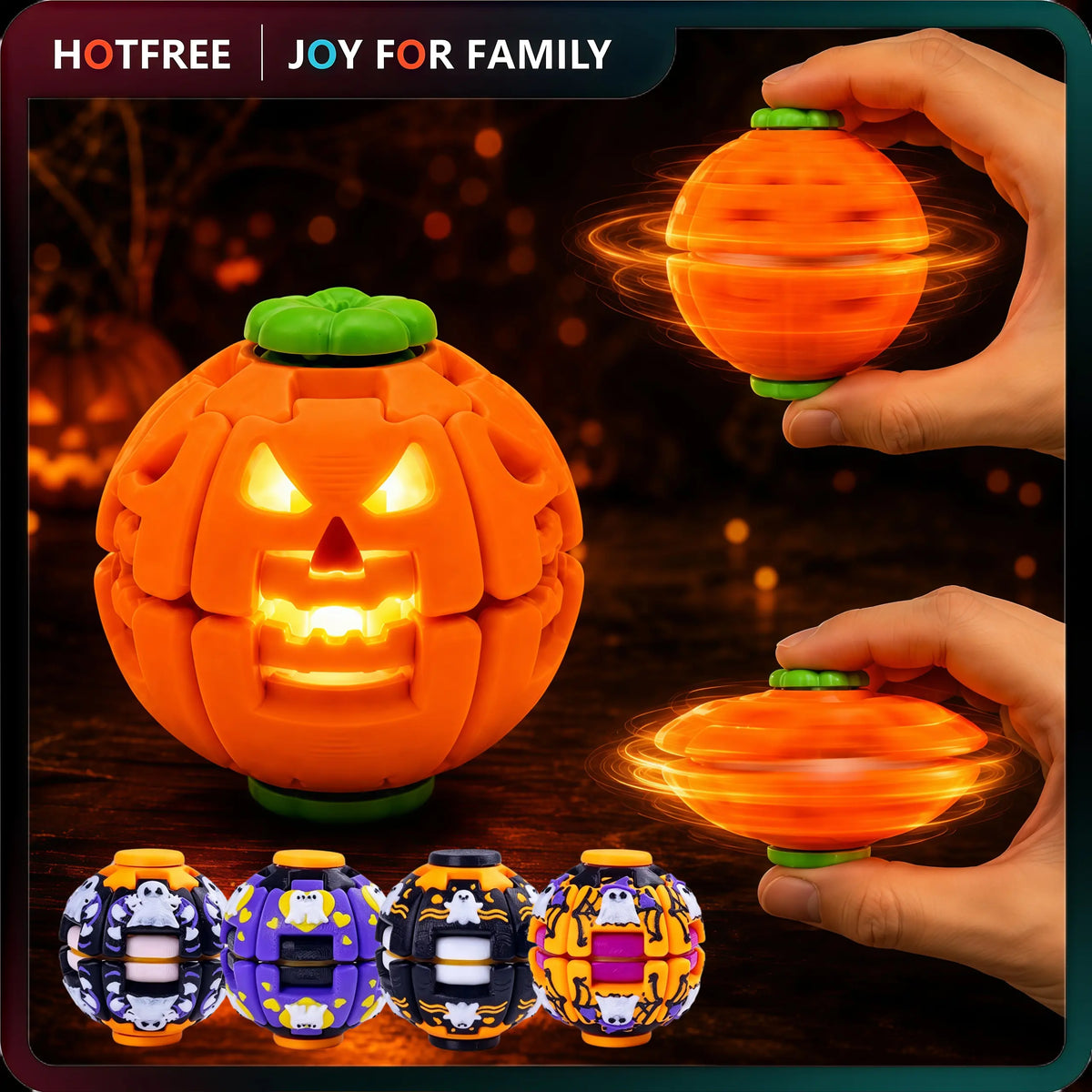 Hotfree Halloween Pumpkin Fidget Spinner, LED Light‑Up 2‑In‑1 3D Printed Rotating Fidget Ball, Stress Relief Sensory Puzzle Toy, Halloween Party Favors & Gifts for Kids Boys & Girls