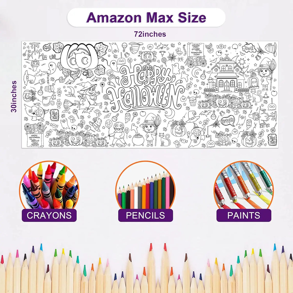 Halloween Giant Coloring Poster/Tablecloth-Halloween Crafts for Kids-30 X 72 Inches Jumbo Paper Coloring Banner Gifts for Kids Activities Games Toys Party Favors- Halloween Party Decorations