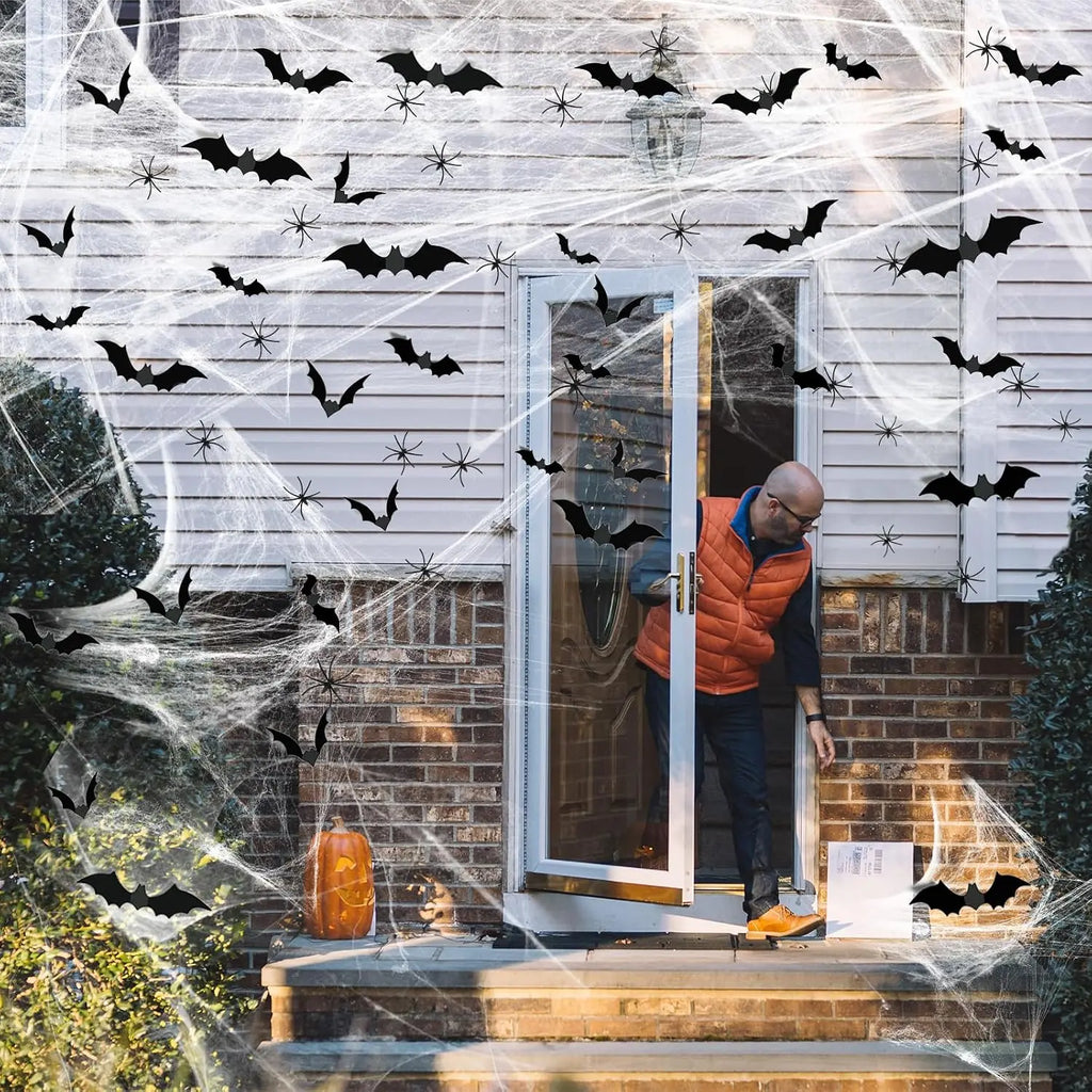 1200 Sqft Halloween Spider Webs and 120Pcs Fake Bats and 50Pcs Fake Spiders Super Stretch Cobwebs Party Decorate for Halloween Theme Indoor and Outdoor Decoration