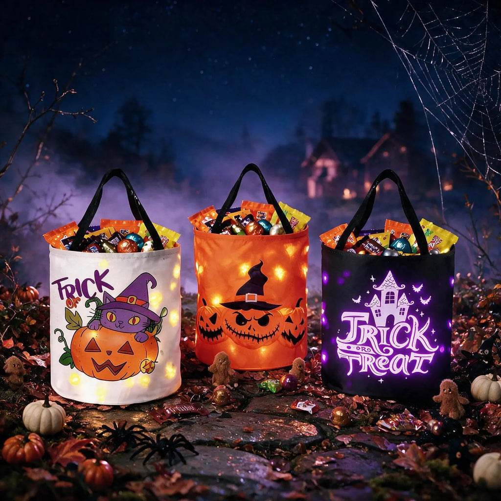 Halloween Light-Up Spooky Pumpkin Buckets - 13X10 in Lightweight Candy Haul Baskets, Glow Effect Kids’ Trick or Treat Bags, Decor-Friendly Halloween Gifts for Children