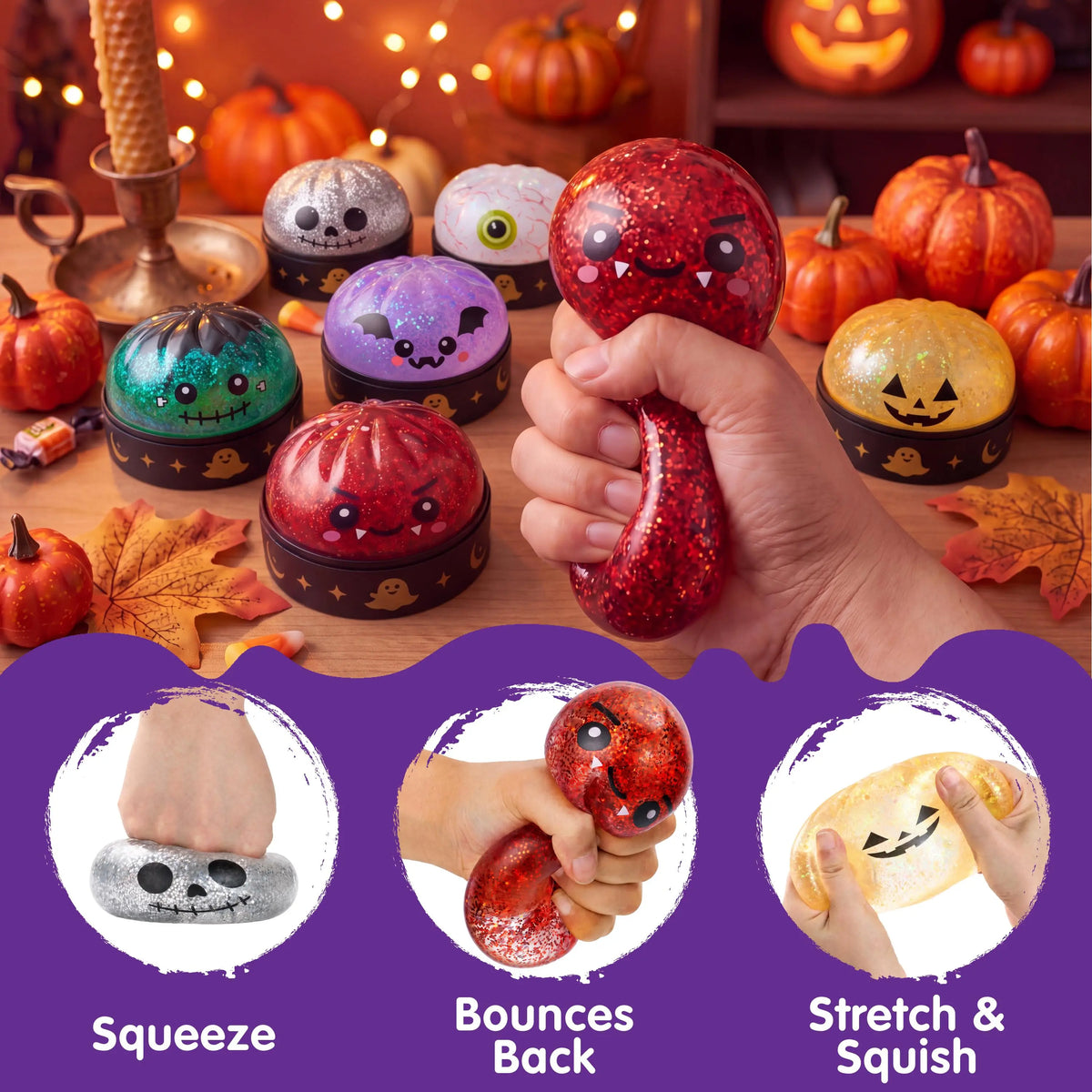 JOYIN Halloween Dumpling Squishy Pack - 1/3/6 Pcs with Steamer Storage Boxes, Slow-Rebound Maltose Texture, Grimace Pumpkin/Pumpkin Devils Designs, Soft Squishy Sensory Fidget Gift for 10-12 Years Horror Lovers