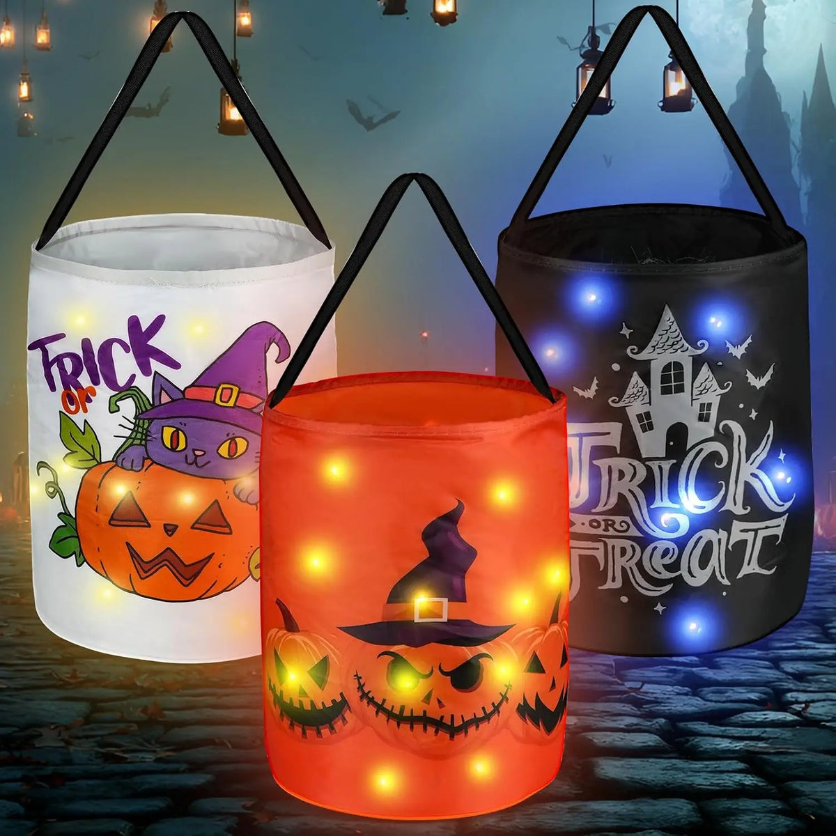 Halloween Light-Up Spooky Pumpkin Buckets - 13X10 in Lightweight Candy Haul Baskets, Glow Effect Kids’ Trick or Treat Bags, Decor-Friendly Halloween Gifts for Children