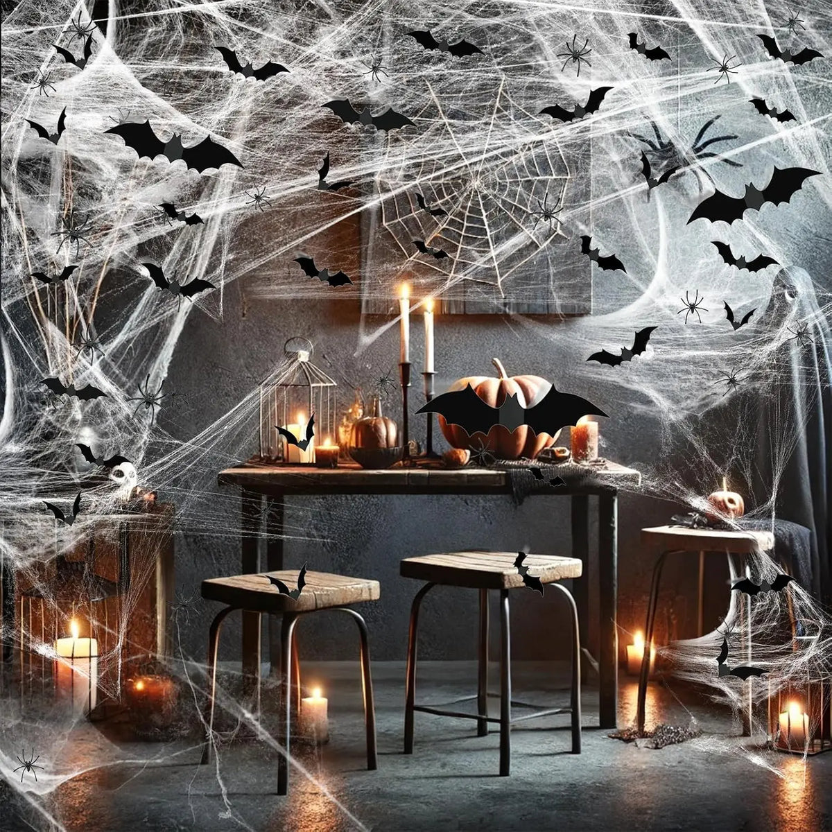 1200 Sqft Halloween Spider Webs and 120Pcs Fake Bats and 50Pcs Fake Spiders Super Stretch Cobwebs Party Decorate for Halloween Theme Indoor and Outdoor Decoration