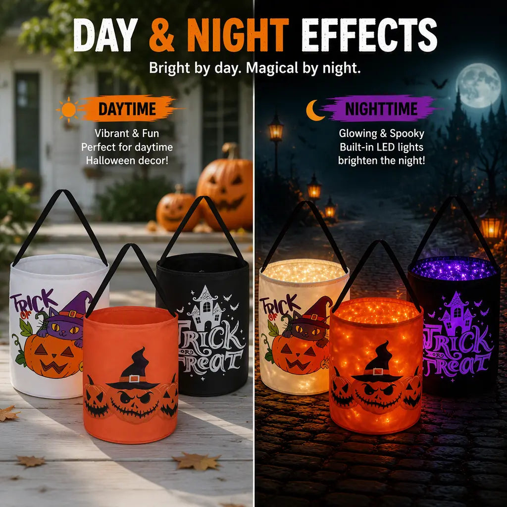Halloween Light-Up Spooky Pumpkin Buckets - 13X10 in Lightweight Candy Haul Baskets, Glow Effect Kids’ Trick or Treat Bags, Decor-Friendly Halloween Gifts for Children