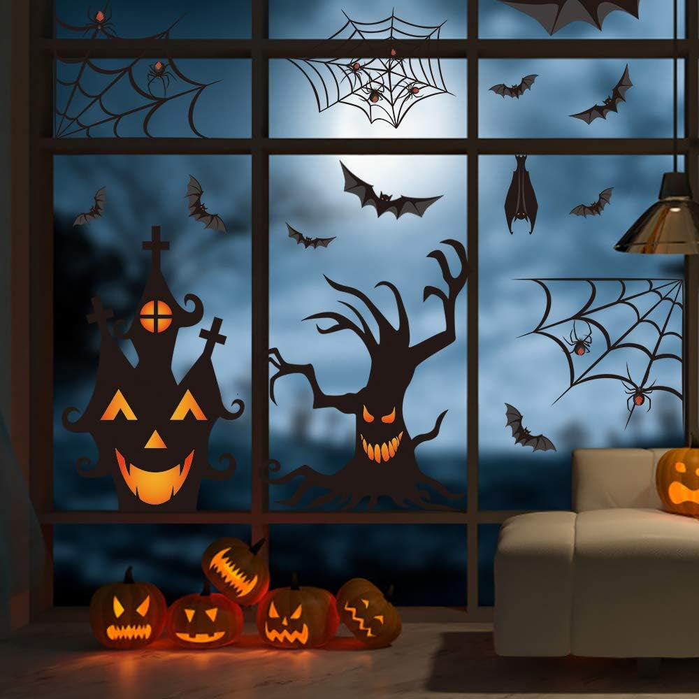 Halloween Window Clings - 7 Sheets Bats & Spiders Window Decals