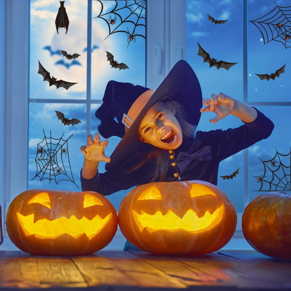 Halloween Window Clings - 7 Sheets Bats & Spiders Window Decals