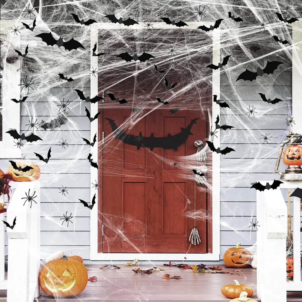 1200 Sqft Halloween Spider Webs and 120Pcs Fake Bats and 50Pcs Fake Spiders Super Stretch Cobwebs Party Decorate for Halloween Theme Indoor and Outdoor Decoration