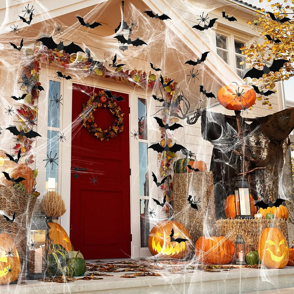 1200 Sqft Halloween Spider Webs and 120Pcs Fake Bats and 50Pcs Fake Spiders Super Stretch Cobwebs Party Decorate for Halloween Theme Indoor and Outdoor Decoration