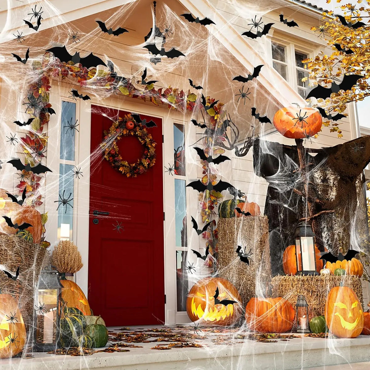 1200 Sqft Halloween Spider Webs and 120Pcs Fake Bats and 50Pcs Fake Spiders Super Stretch Cobwebs Party Decorate for Halloween Theme Indoor and Outdoor Decoration