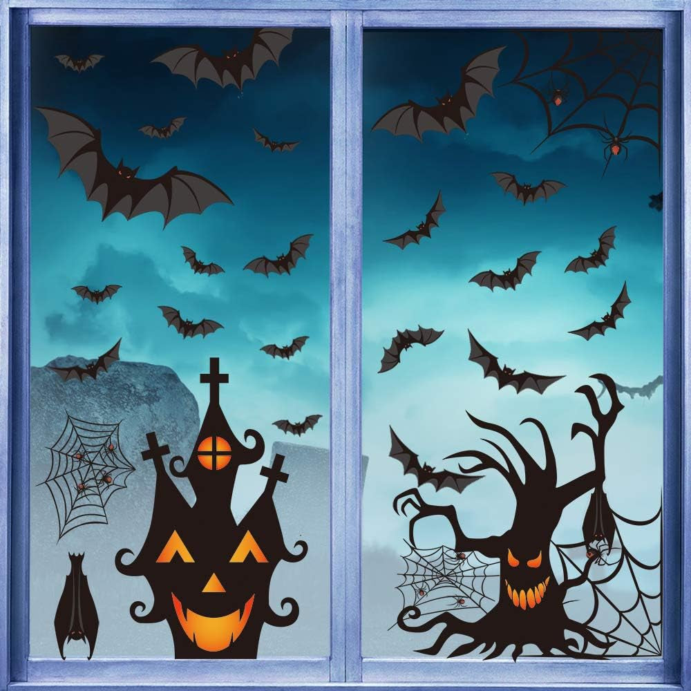 Halloween Window Clings - 7 Sheets Bats & Spiders Window Decals