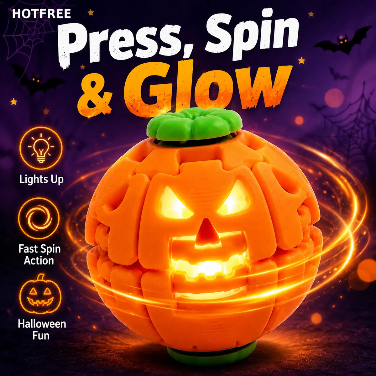 Hotfree Halloween Pumpkin Fidget Spinner, LED Light‑Up 2‑In‑1 3D Printed Rotating Fidget Ball, Stress Relief Sensory Puzzle Toy, Halloween Party Favors & Gifts for Kids Boys & Girls