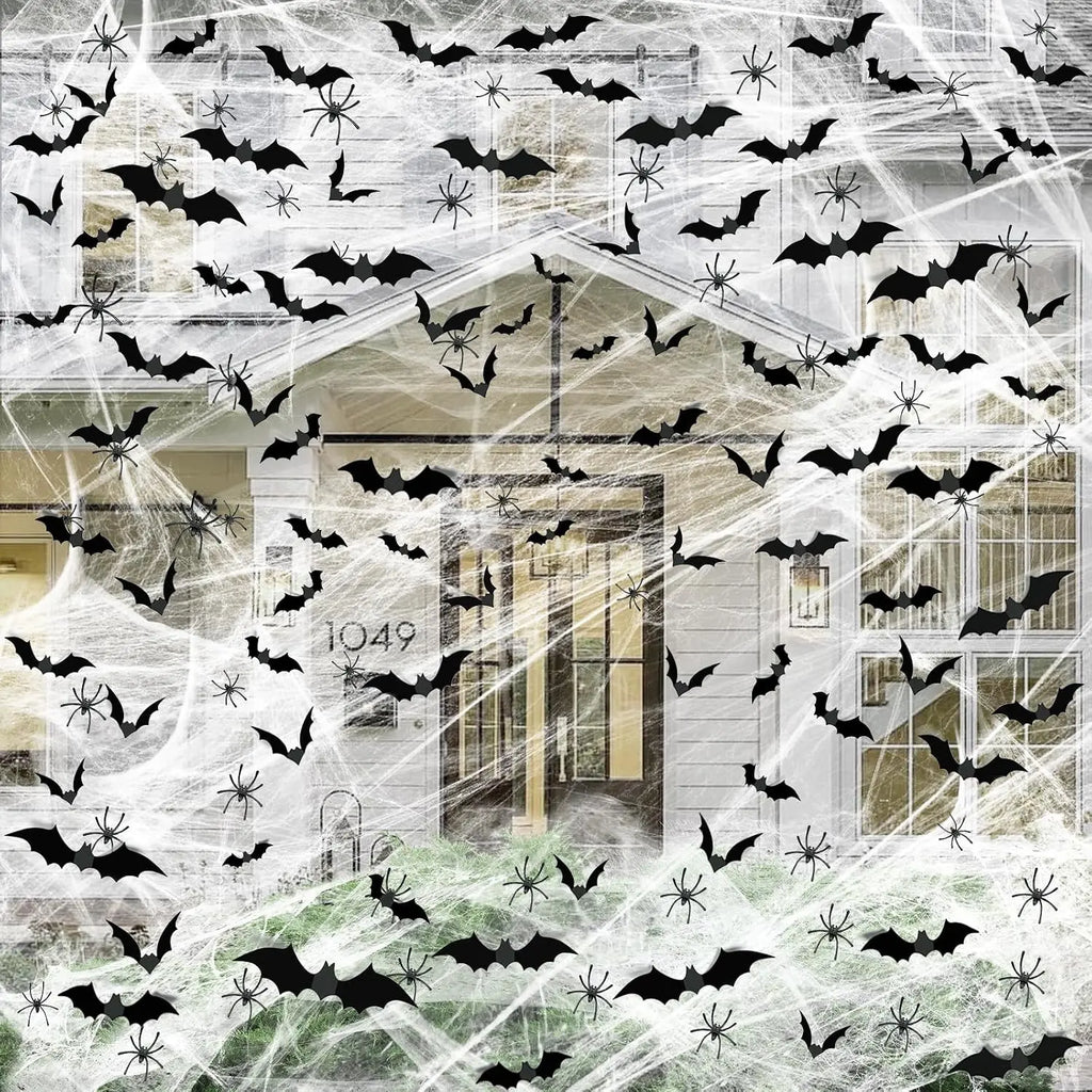 1200 Sqft Halloween Spider Webs and 120Pcs Fake Bats and 50Pcs Fake Spiders Super Stretch Cobwebs Party Decorate for Halloween Theme Indoor and Outdoor Decoration