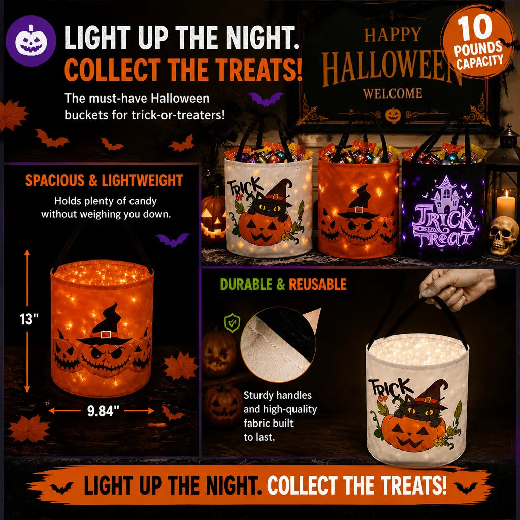Halloween Light-Up Spooky Pumpkin Buckets - 13X10 in Lightweight Candy Haul Baskets, Glow Effect Kids’ Trick or Treat Bags, Decor-Friendly Halloween Gifts for Children
