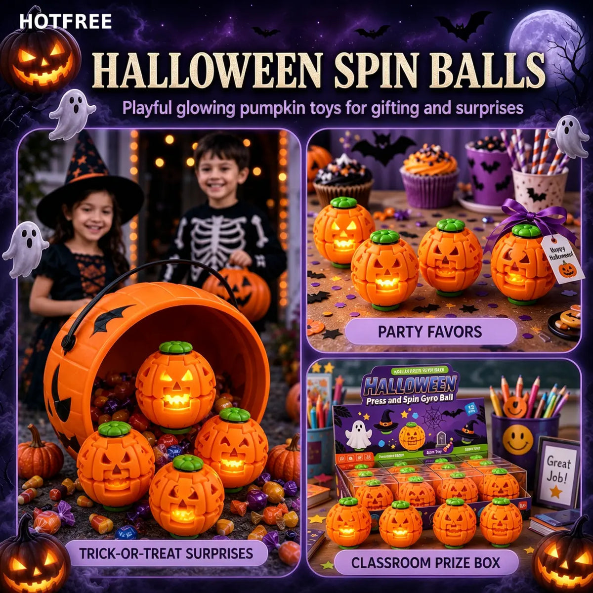 Hotfree Halloween Pumpkin Fidget Spinner, LED Light‑Up 2‑In‑1 3D Printed Rotating Fidget Ball, Stress Relief Sensory Puzzle Toy, Halloween Party Favors & Gifts for Kids Boys & Girls