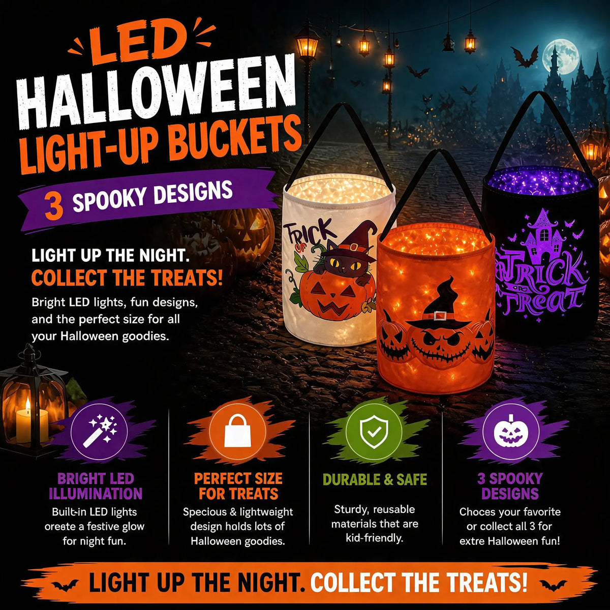 Halloween Light-Up Spooky Pumpkin Buckets - 13X10 in Lightweight Candy Haul Baskets, Glow Effect Kids’ Trick or Treat Bags, Decor-Friendly Halloween Gifts for Children