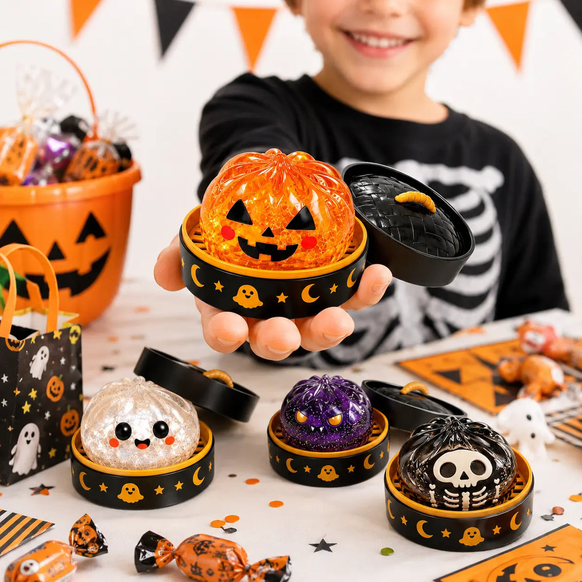 Halloween Mystery Squishy Fidgets - 5Pcs Soft Squeeze Sensory Toys with 5 Spooky Designs, Slow Rise Pumpkin Toys, Trick-Or-Treat Goodie Bags Stuffers, Kids Party Favors