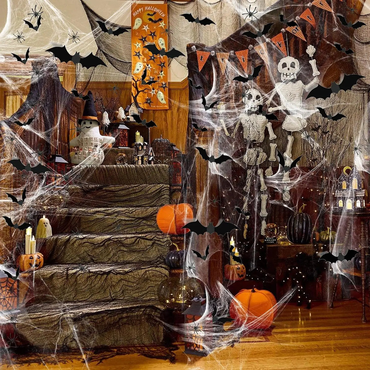 1200 Sqft Halloween Spider Webs and 120Pcs Fake Bats and 50Pcs Fake Spiders Super Stretch Cobwebs Party Decorate for Halloween Theme Indoor and Outdoor Decoration