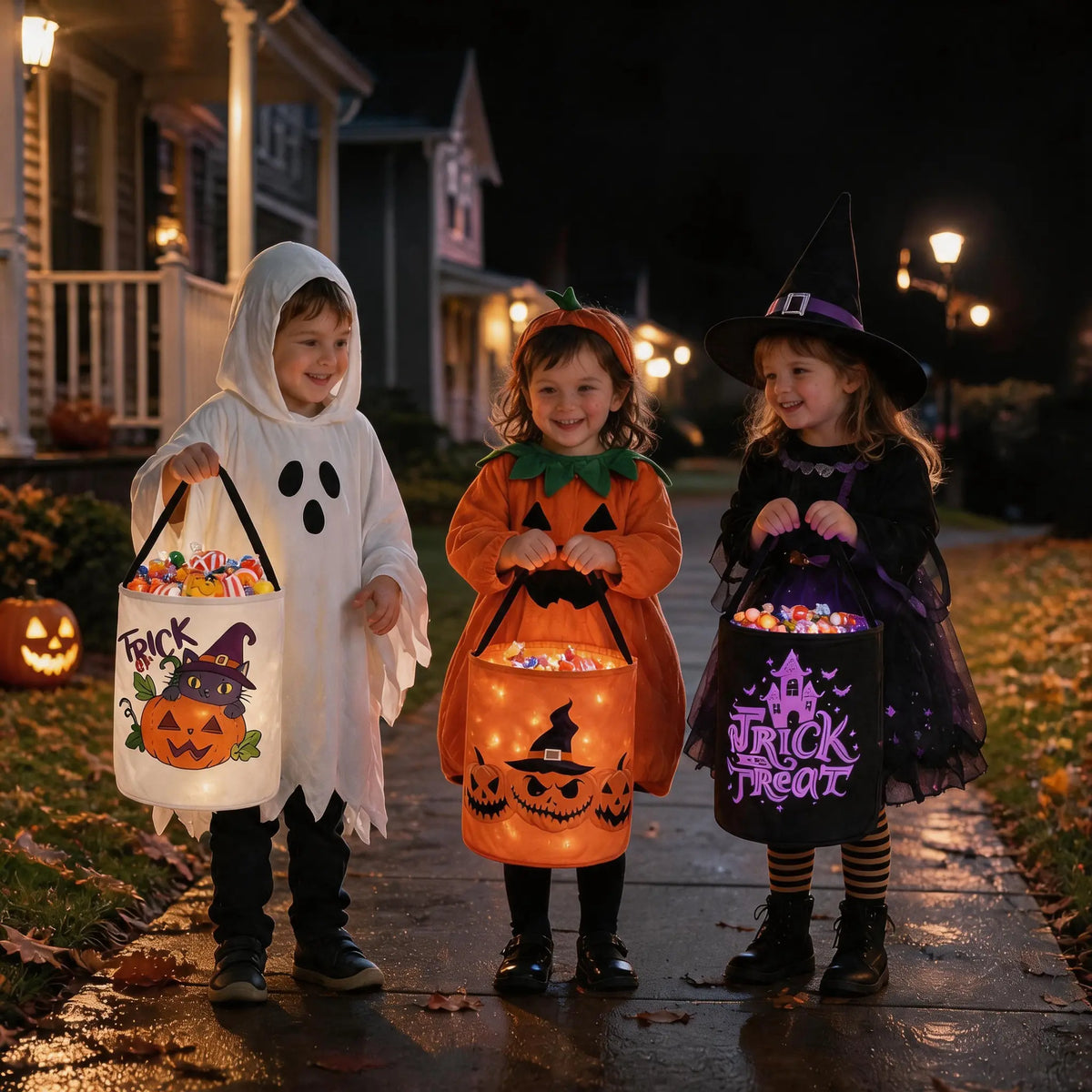 Halloween Light-Up Spooky Pumpkin Buckets - 13X10 in Lightweight Candy Haul Baskets, Glow Effect Kids’ Trick or Treat Bags, Decor-Friendly Halloween Gifts for Children