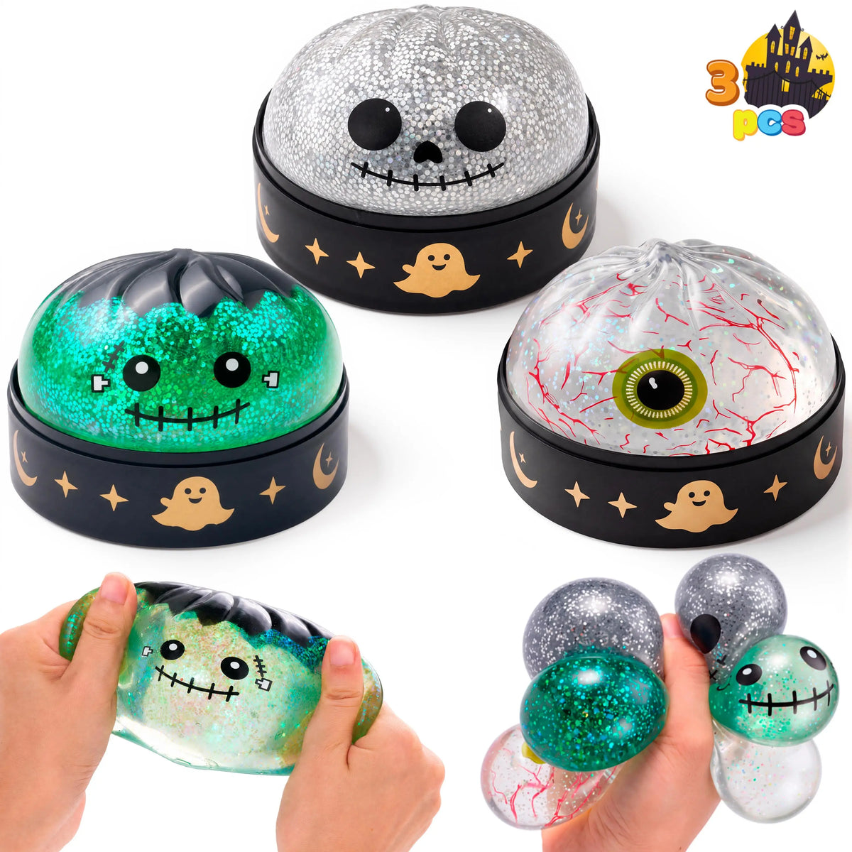 JOYIN Halloween Dumpling Squishy Pack - 1/3/6 Pcs with Steamer Storage Boxes, Slow-Rebound Maltose Texture, Grimace Pumpkin/Pumpkin Devils Designs, Soft Squishy Sensory Fidget Gift for 10-12 Years Horror Lovers