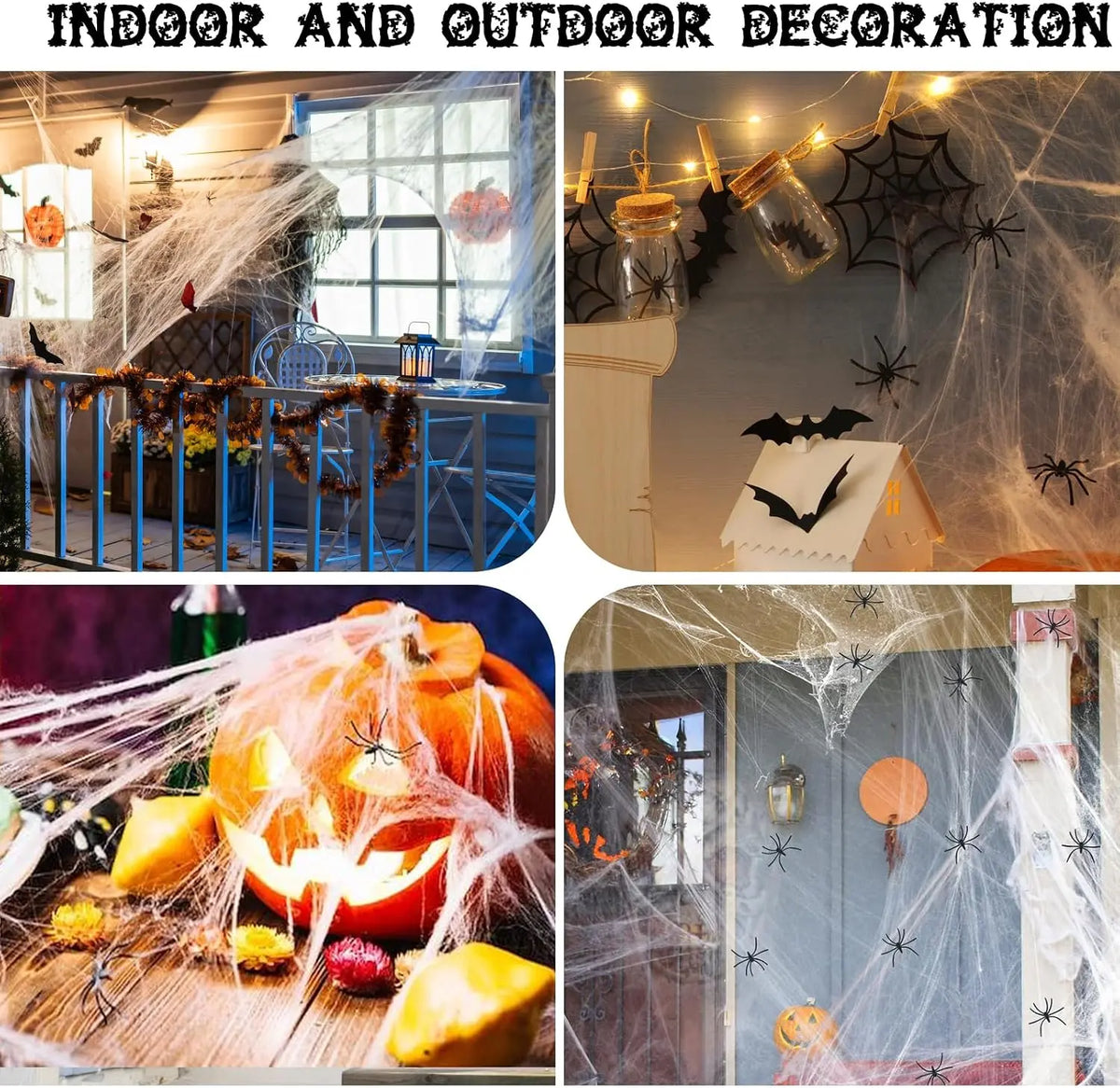 1200 Sqft Halloween Spider Webs and 120Pcs Fake Bats and 50Pcs Fake Spiders Super Stretch Cobwebs Party Decorate for Halloween Theme Indoor and Outdoor Decoration