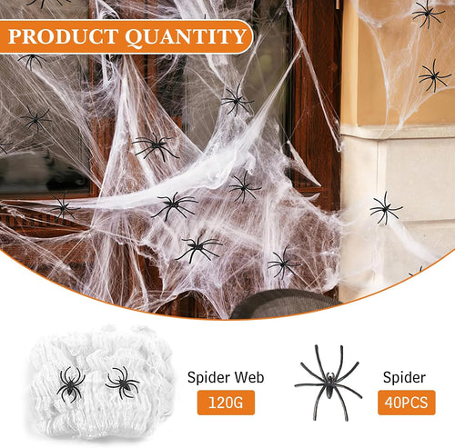 120G Halloween Spider Web, Halloween Spider Web Decorations, with 40 Fake Plastic Spiders, Halloween Decorations, Stretchable Halloween Cobwebs Decoration for Home Decoration (120G)