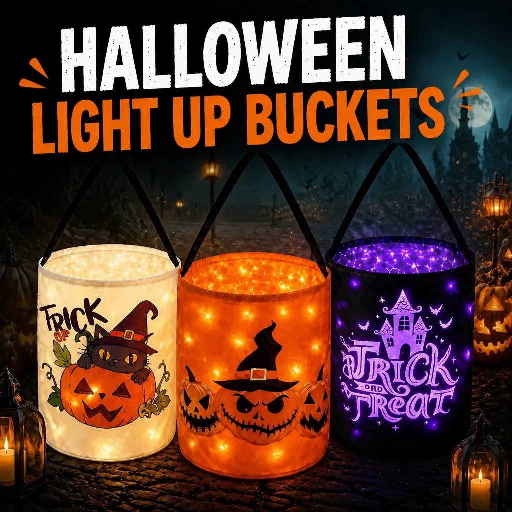 Halloween Light-Up Spooky Pumpkin Buckets - 13X10 in Lightweight Candy Haul Baskets, Glow Effect Kids’ Trick or Treat Bags, Decor-Friendly Halloween Gifts for Children