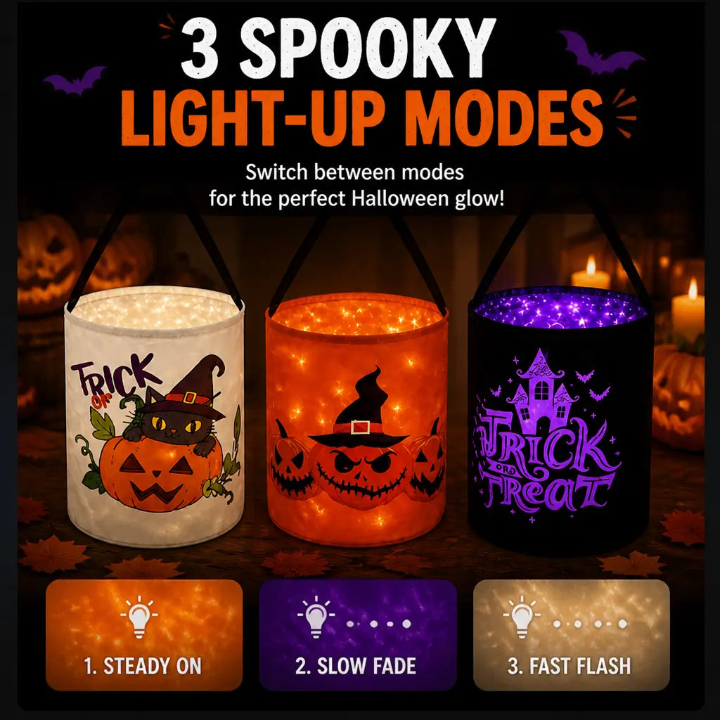 Halloween Light-Up Spooky Pumpkin Buckets - 13X10 in Lightweight Candy Haul Baskets, Glow Effect Kids’ Trick or Treat Bags, Decor-Friendly Halloween Gifts for Children