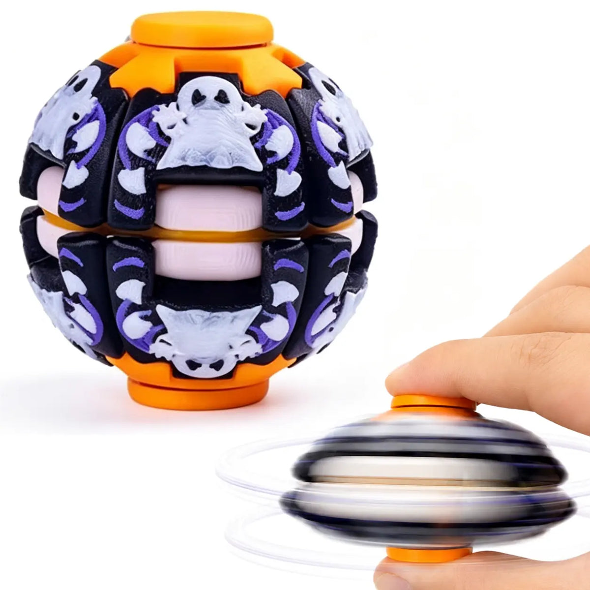 Hotfree Halloween Pumpkin Fidget Spinner, LED Light‑Up 2‑In‑1 3D Printed Rotating Fidget Ball, Stress Relief Sensory Puzzle Toy, Halloween Party Favors & Gifts for Kids Boys & Girls