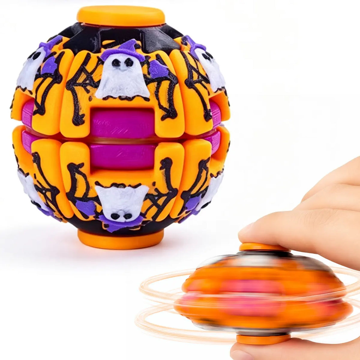 Hotfree Halloween Pumpkin Fidget Spinner, LED Light‑Up 2‑In‑1 3D Printed Rotating Fidget Ball, Stress Relief Sensory Puzzle Toy, Halloween Party Favors & Gifts for Kids Boys & Girls