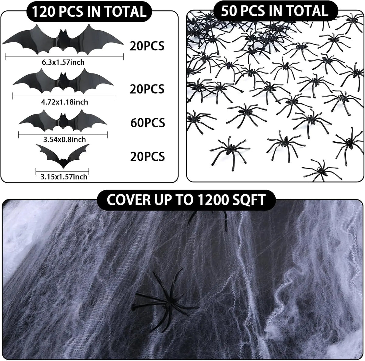 1200 Sqft Halloween Spider Webs and 120Pcs Fake Bats and 50Pcs Fake Spiders Super Stretch Cobwebs Party Decorate for Halloween Theme Indoor and Outdoor Decoration